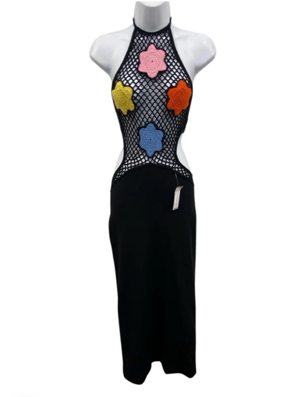 STAUD Black Crochet Net Midi Dress with Multicolor Floral Appliqués